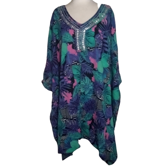 Swimsuits For All Jewelled Neckline Botanical Print Cotton Caftan Cover Up 26/28 - Picture 2 of 9